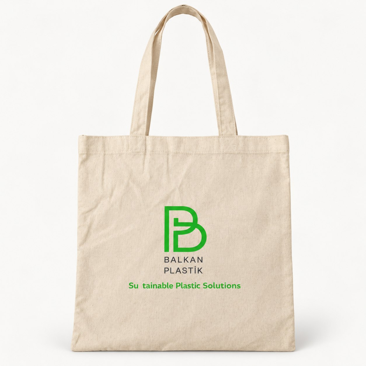 Balkan Plastik yeşil B monogramı ve kurumsal metni basılmış doğal bez çanta