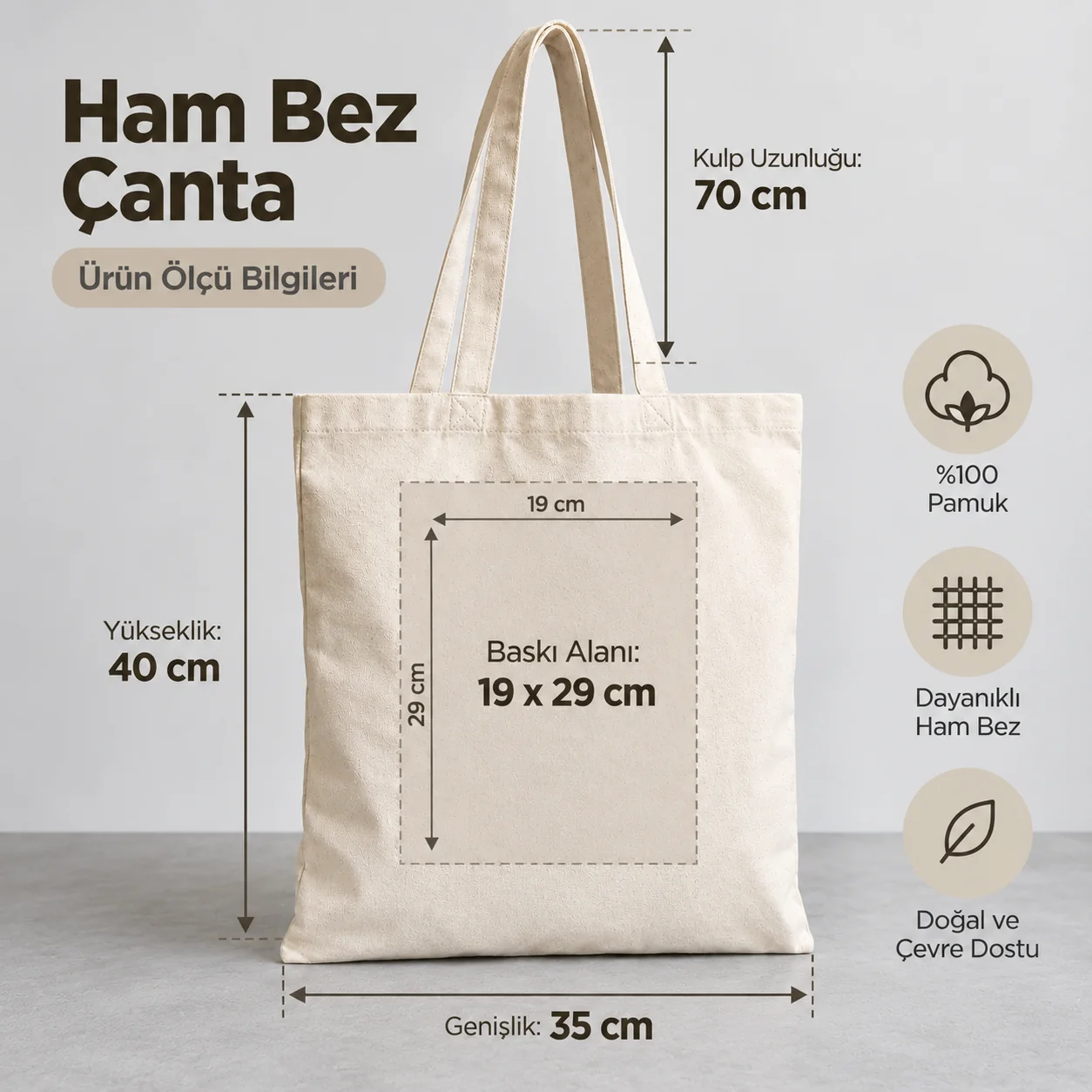 Ham bez çanta ölçüleri ve baskı alanını gösteren teknik görsel