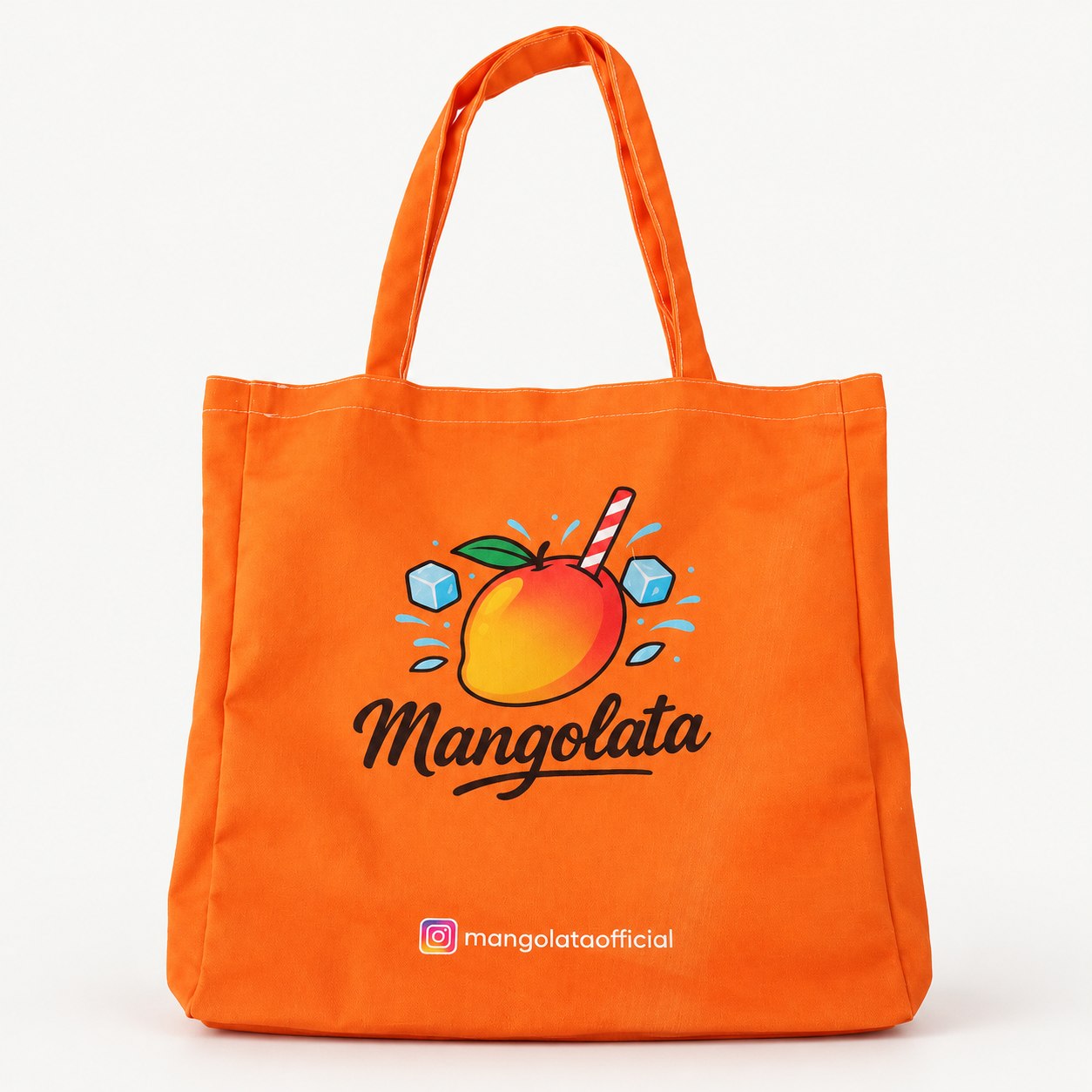 Mangolata logosu ve mango illüstrasyonu basılmış turuncu 180 gram lamineli bez çanta