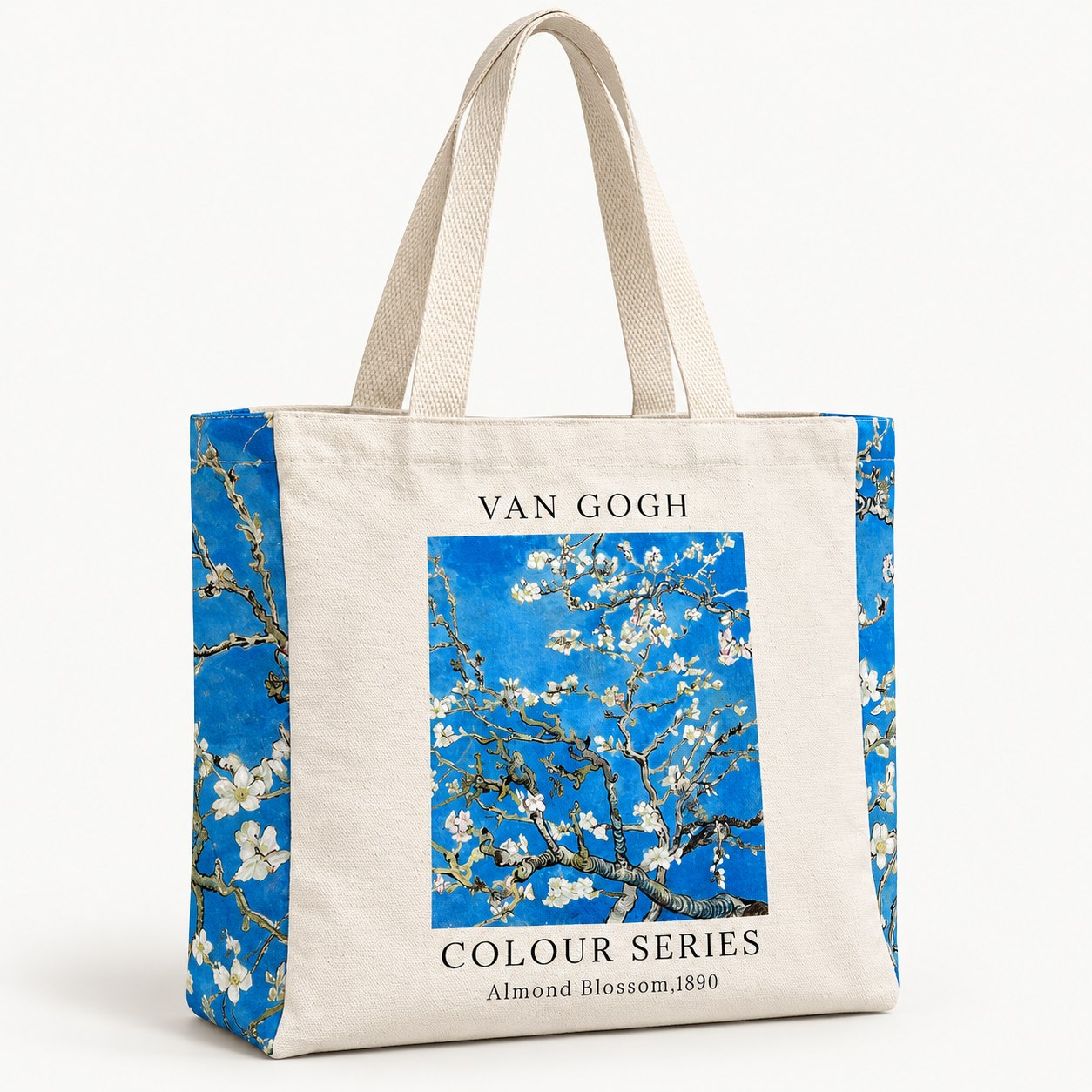 Van Gogh Badem Çiçeği deseni full DTF basılmış mavi körüklü kanvas bez çanta