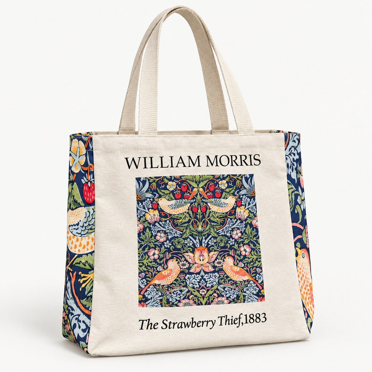 William Morris Strawberry Thief deseni full DTF basılmış körüklü kanvas bez çanta