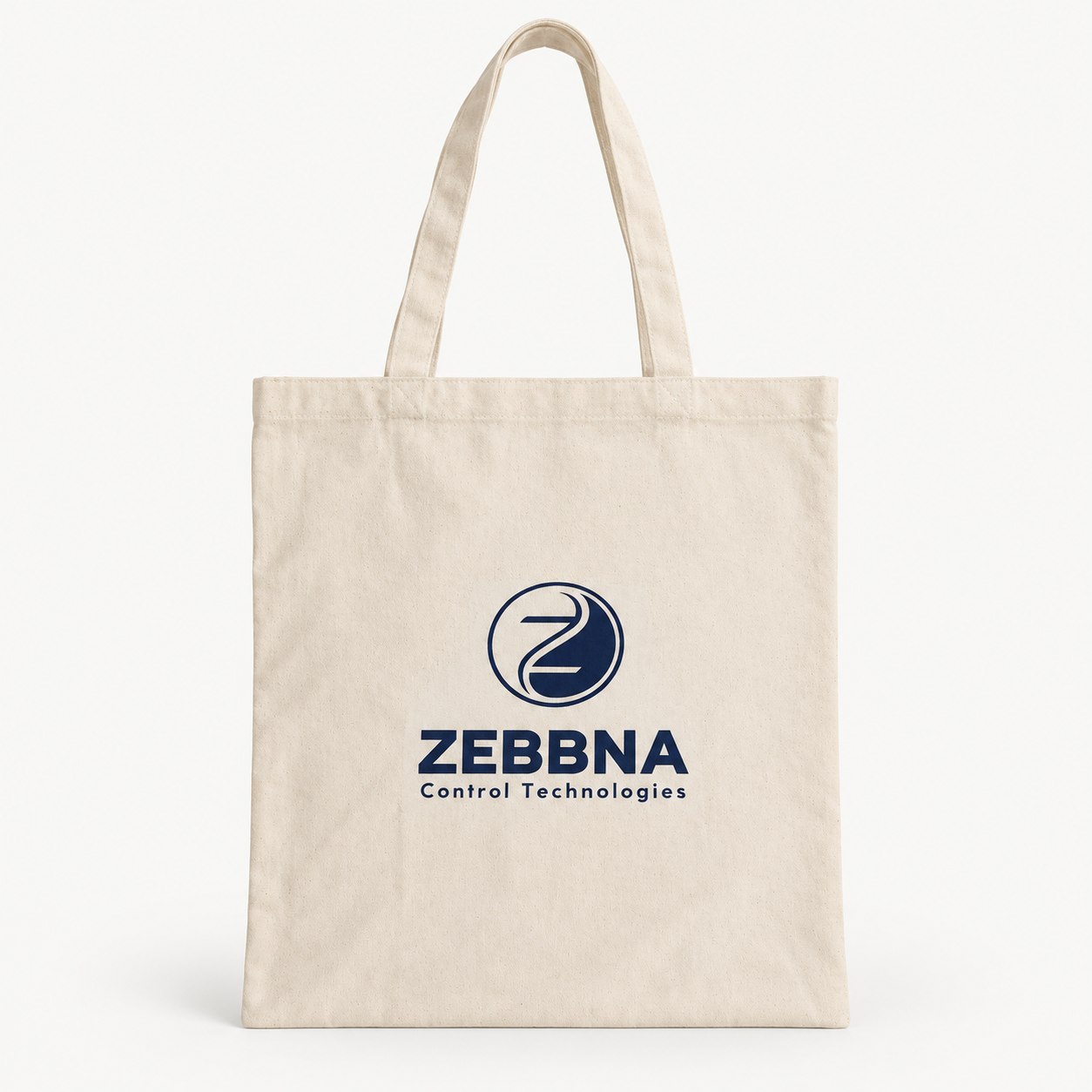 ZEBBNA Control Technologies lacivert logosu basılmış doğal pamuk bez çanta