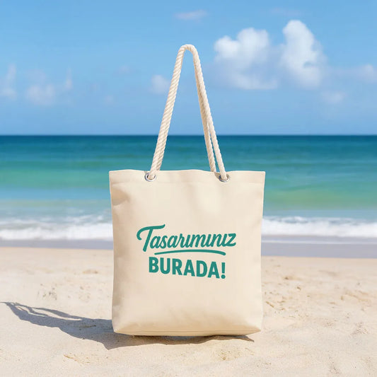 Kanvas Halat Saplı Büyük Plaj & Alışveriş Çantası – 48x41x10 cm | İç Cepli, Dayanıklı Bez Çanta